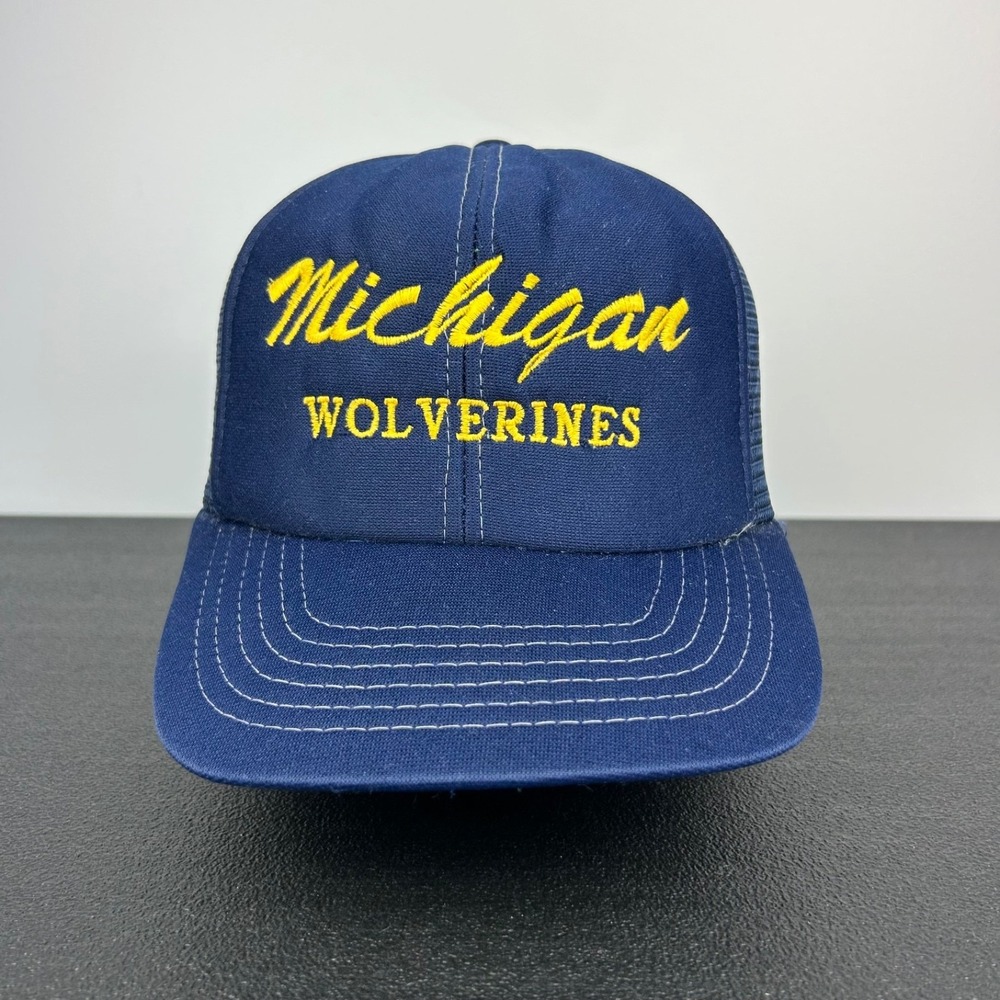 Vintage 90s Michigan Wolverines Trucker Hat Cap Snap Back Adjustable Navy Blue